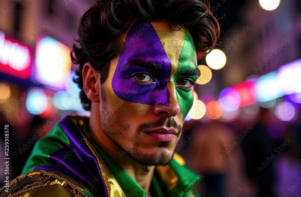 A striking close-up of a man with an electrifying gaze, his face painted in vibrant Mardi Gras colors of purple, green, and gold. The background features a blurred parade A striking close-up of a man with an electrifying gaze, his face painted in vibrant Mardi Gras colors of purple, green, and gold. The background features a blurred parade