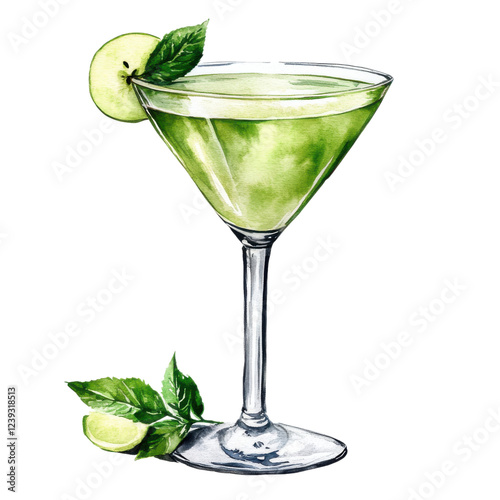 A vibrant green cocktail garnished with mint leaves and a slice of lime, served in a classic martini glass.