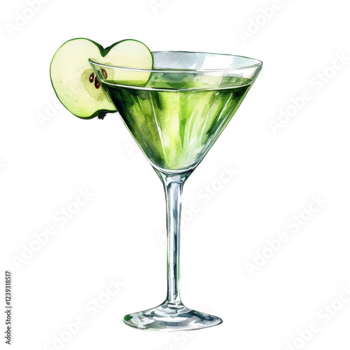 A vibrant green cocktail garnished with a slice of apple, served in a stylish glass.