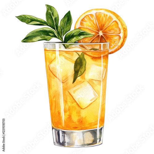 A refreshing orange drink garnished with a slice of orange and green leaves, served over ice in a tall glass.