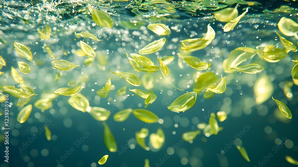 Underwater green leaves, dancing, light bokeh, nature, website banner Underwater green leaves, dancing, light bokeh, nature, website banner