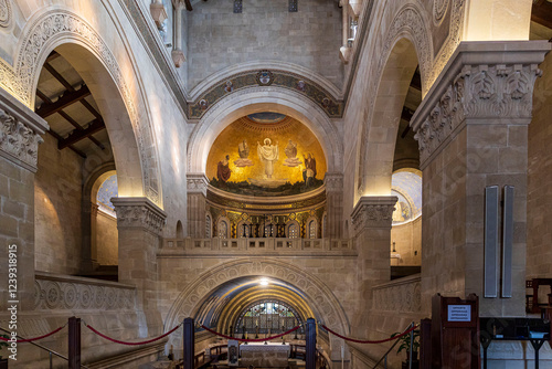 Canvastavla Mount Tabor, Israel – February 3, 2025: Crypt with an image of Jesus in The Basilica of the Transfiguration on Mount Tabor, western facade