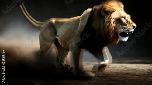 Scenes of A lion is running through the air, kicking up dust and debris, smooth repetitive motion for background video animation
