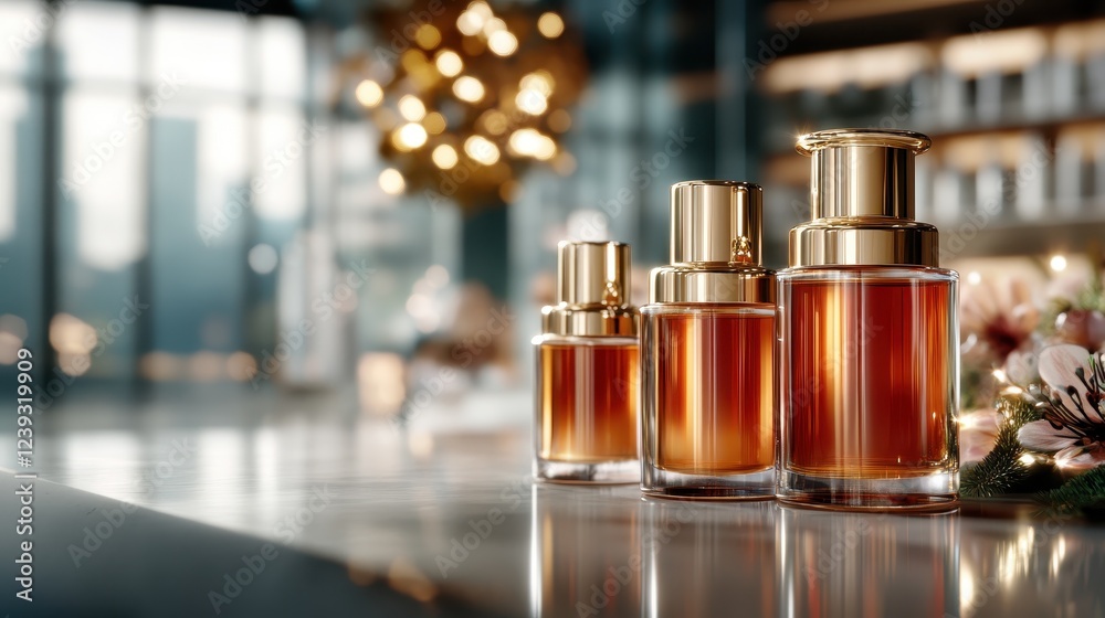 Sophisticated perfume bottles are elegantly arranged in a modish setting, exuding luxury and style, embodying the essence of beauty and attraction in modern fragrance art. Sophisticated perfume bottles are elegantly arranged in a modish setting, exuding luxury and style, embodying the essence of beauty and attraction in modern fragrance art.
