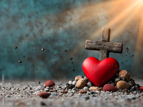 Rustic Christian cross and vibrant red heart symbolizing the spiritual devotion and love of the Christian faith set against a gravel ground with weathered textures gothic architectural details