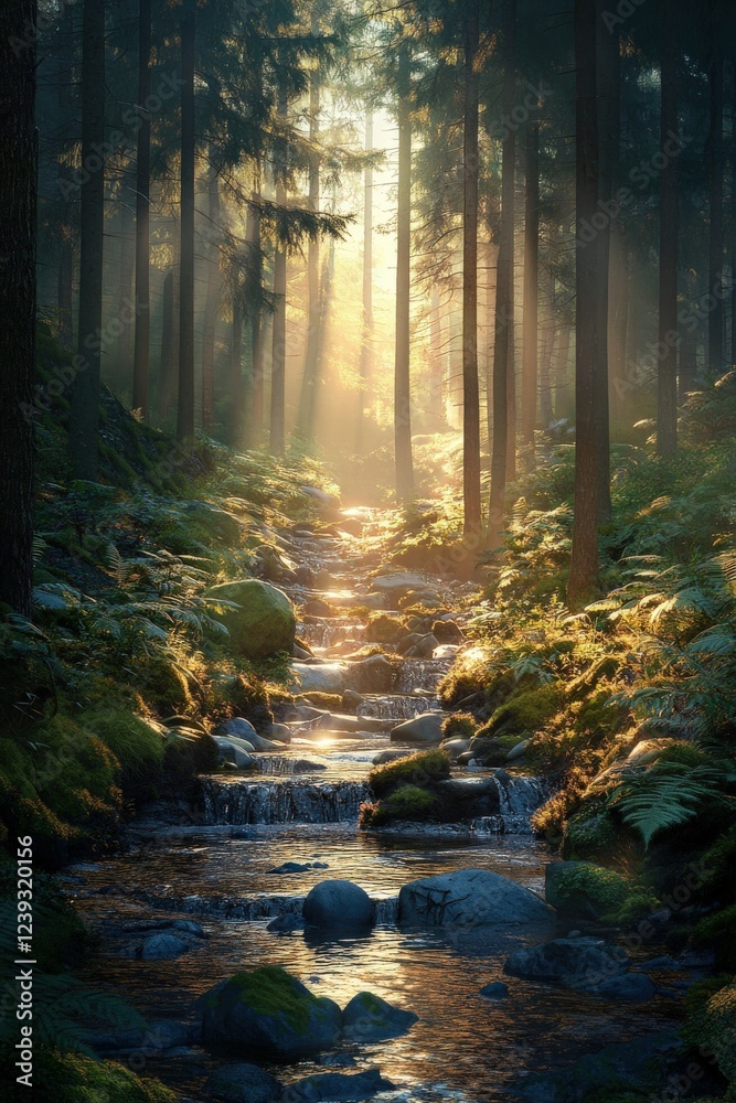 Fototapeta premium Sunlight filters through trees over a forest stream