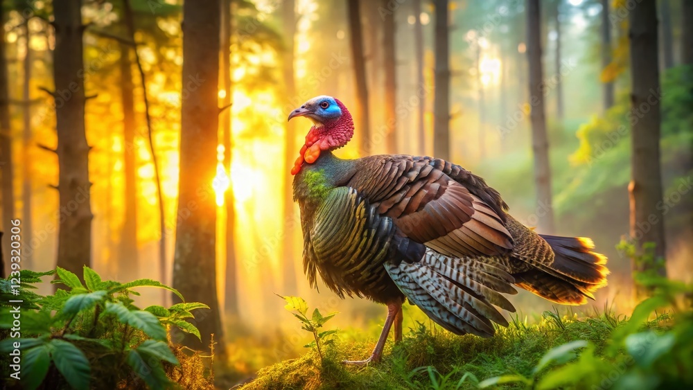 Fototapeta premium Wild Turkey Strutting at Dawn: Majestic Forest Display