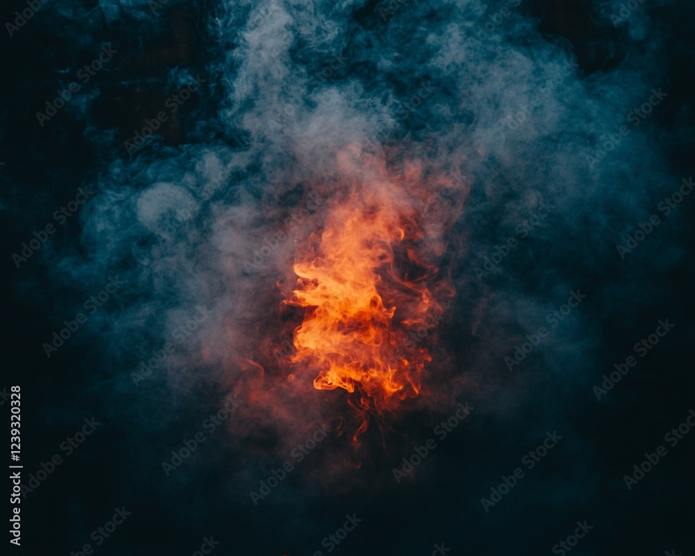 Fototapeta premium Fiery embers glowing in smoke at night; background dark. Use abstract background