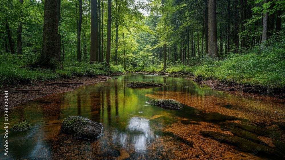 Obraz premium Serene forest stream reflecting lush greenery in daylight
