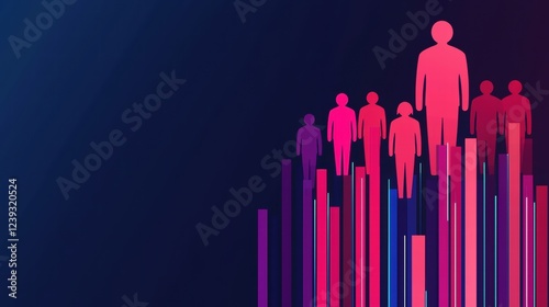 marketing research survey targeting, Silhouette Figures with Vertical Colorful Bars on a Dark Background