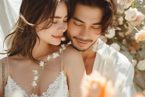 Happy young Vietnam couple in love, man and woman hugging each other, romantic wedding scene.