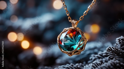 An exquisite pendant featuring a brilliantly cut colorful gemstone, held by an elegant metal confine that reflects the soft ambient lights in the background beautifully.
