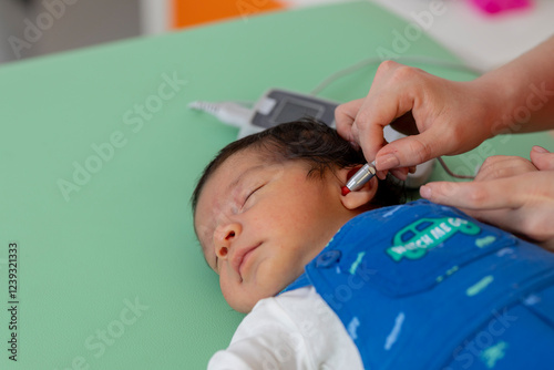 Pediatrician performing hearing screening test on newborn baby