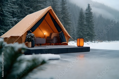 Serene snow covered tent oasis the interior space meticulously appointed with rustic yet refined accoutrements a harmonious winter sanctuary in muted tones touches of Hygge inspired decor photo