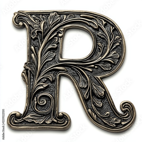 Decorative letter R in baroque style on a white background