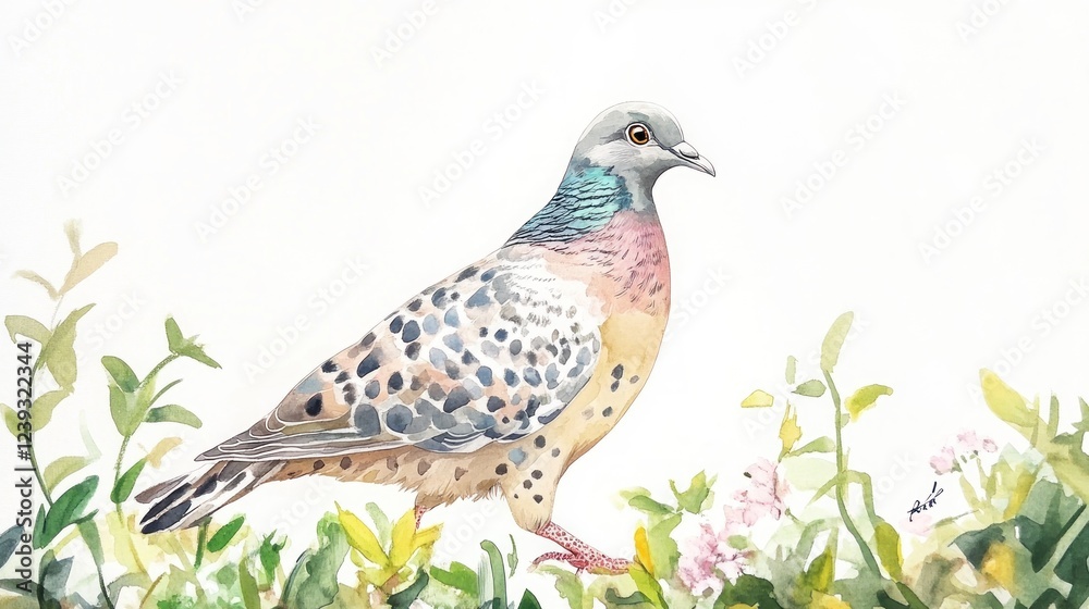Spotted Dove in Meadow, Watercolor Illustration Spotted Dove in Meadow, Watercolor Illustration