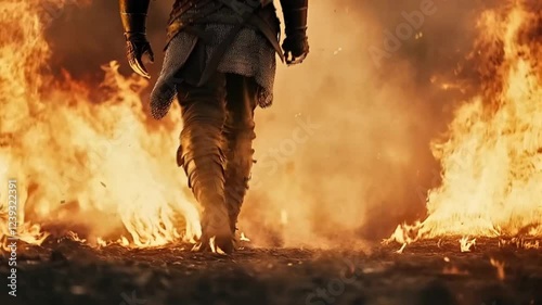 Scenes of Medieval Warrior Walking Bravely Through Fiery Inferno Combat Scene, smooth repetitive motion for background video animation
