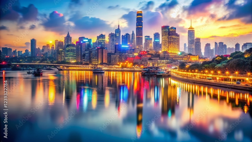 Fototapeta premium Yangtze River Cityscape at Dusk: Bokeh Lights & Urban Reflections - Stunning Stock Photo