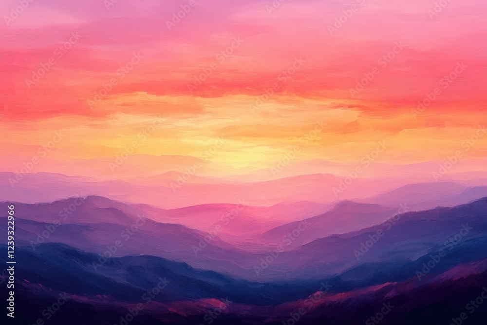 Fototapeta premium Colorful sunset over distant mountains with soft clouds