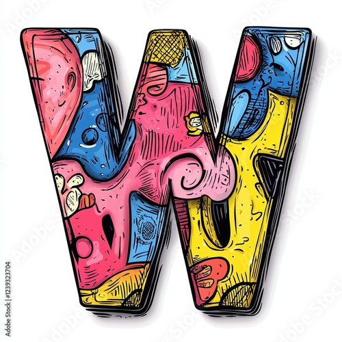 Colorful letter W filled with playful doodles and designs on a white background