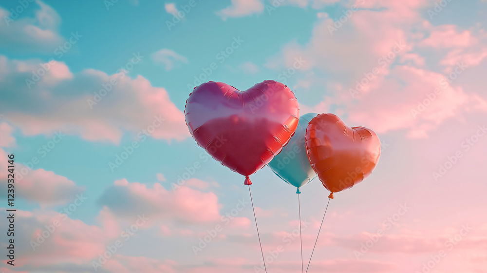 Fototapeta premium A heart-shaped balloon released into the sky for Valentine's Day, beautiful helium balloons in various colors and patterns that look fantastic.