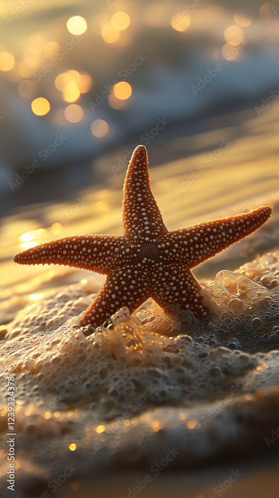 A starfish resting on a sandy beach with gentle waves and soft sunlight reflecting. A starfish resting on a sandy beach with gentle waves and soft sunlight reflecting.