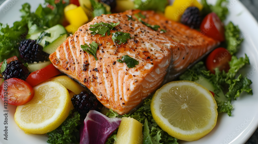 Vibrantly Plated Assortment of Fresh Vegetables, Fruits, and Salmon Captured in Stunning Top View with Natural Lighting Vibrantly Plated Assortment of Fresh Vegetables, Fruits, and Salmon Captured in Stunning Top View with Natural Lighting