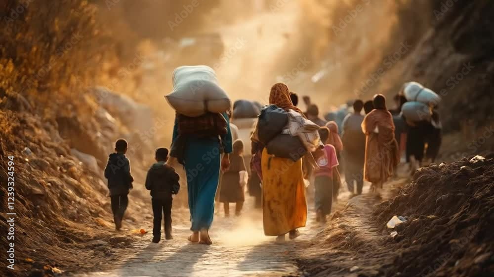 Scene of People walking along a dusty path carrying heavy loads in a ...