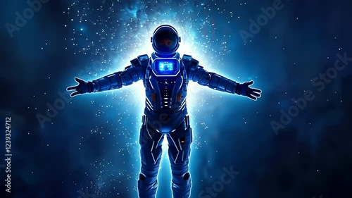 An astronaut in a spacesuit floating in a galaxy background, surrounded by stars and cosmic light in deep space.