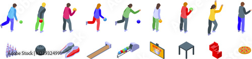 People playing bowling icons set. Bowling players throwing balls, celebrating strikes and isometric icons of bowling equipment, shoes, food and furniture