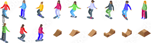 Girl skateboard icons set. Isometric skaters riding skateboards and various skatepark ramps, perfect for illustrating urban sports, skateboarding culture, or youth activities