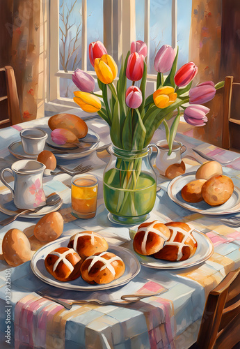 A cozy easter breakfast scene with hot cross buns a teapot and a vase of fresh tulips on a sunlit