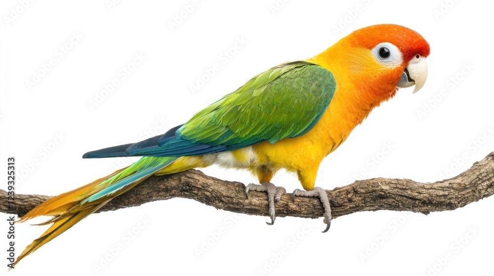 Sun Conure parrot perched on branch, isolated white background, exotic bird, wildlife photography Sun Conure parrot perched on branch, isolated white background, exotic bird, wildlife photography