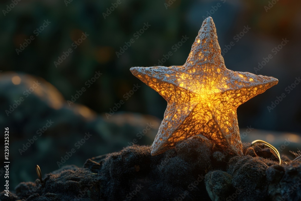 Star-shaped lantern glowing softly in natural surroundings at dusk Star-shaped lantern glowing softly in natural surroundings at dusk