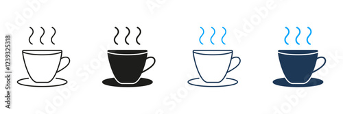 Steaming Cup on Saucer Line and Silhouette Icon Set. Hot Beverage Coffee or Tea Symbol. Warm Drink with Saucer. Editable Stroke. Isolated Vector Illustration