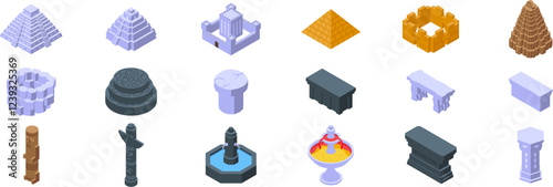 Stone altar icons set. Isometric set of ancient buildings, including mayan pyramids, castles, fountains, and columns, showcasing architectural heritage