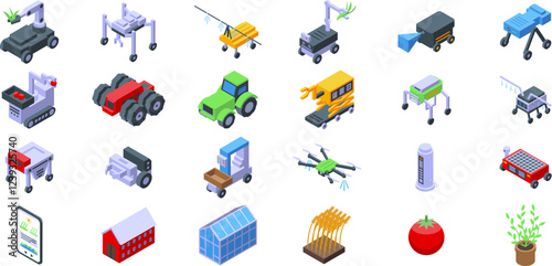 Robot harvests icons set. Modern agricultural robots, drones, and automated systems are transforming farming practices, increasing efficiency, and optimizing yields