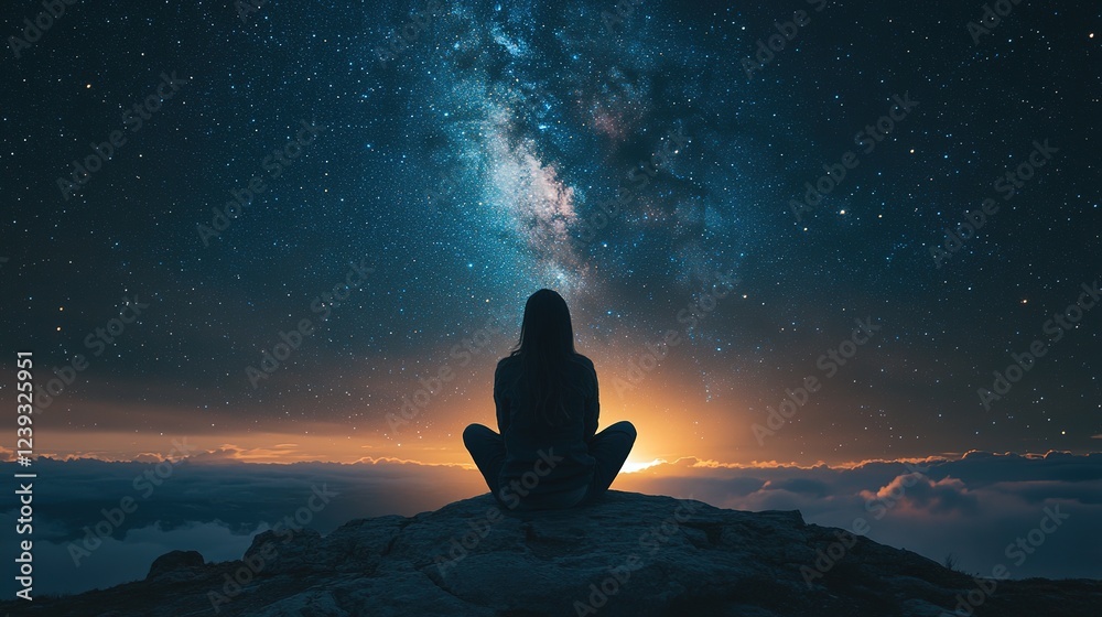 Experiencing the cosmic wonder mountain peak night sky photography celestial environment rear view awe and serenity Experiencing the cosmic wonder mountain peak night sky photography celestial environment rear view awe and serenity