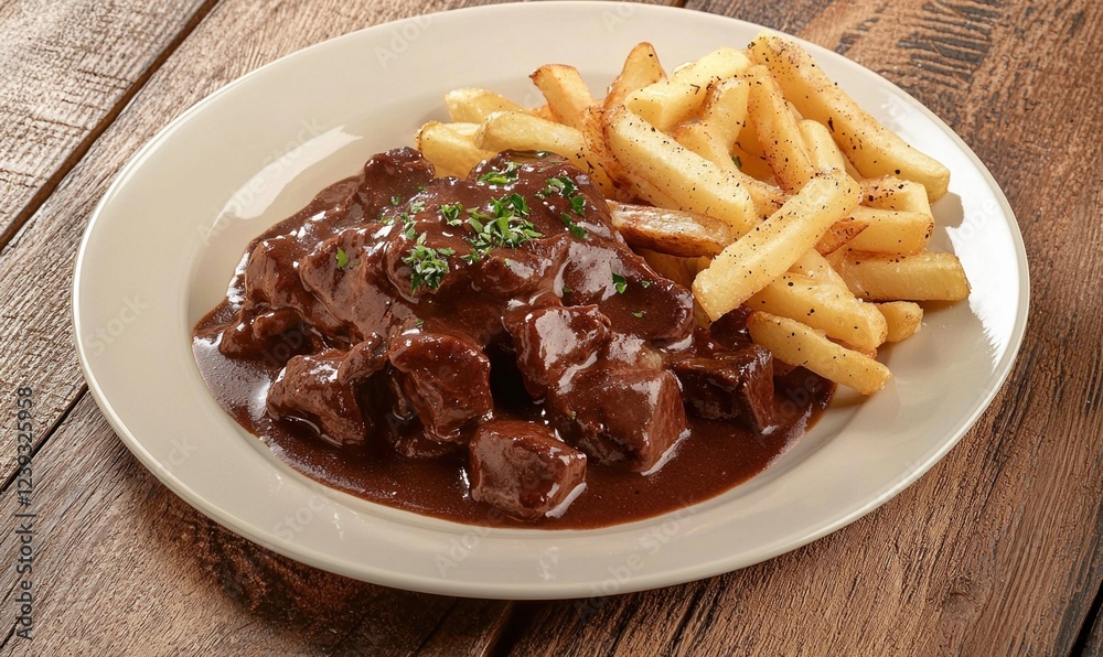 Savory stoofvlees with fries on a cream plate and brown backdrop Savory stoofvlees with fries on a cream plate and brown backdrop