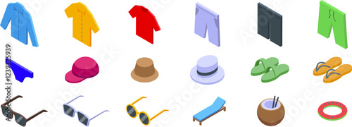 Male beach wear icons set. Get ready for your beach vacation with these essential items, ensuring a comfortable and stylish seaside experience