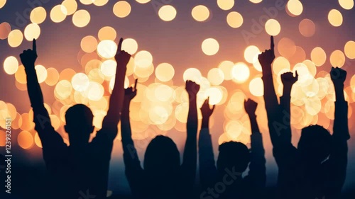 Silhouetted people raise hands in celebration under warm glowing lights, creating a festive and joyful atmosphere.