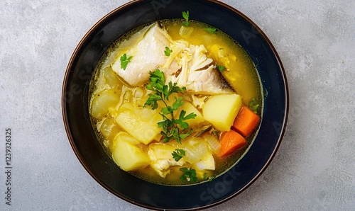 Enjoying hearty fish soup Uha with potatoes and vegetables on a winter day photo