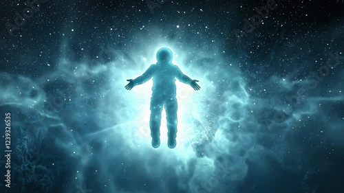 A silhouette of a person surrounded by ethereal blue light in a cosmic cloud, representing mystery and exploration.