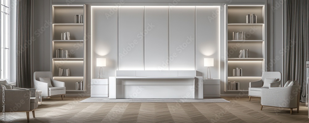 Fototapeta premium A minimalist bedroom with a headboard consisting of white panels framed by soft gray lines