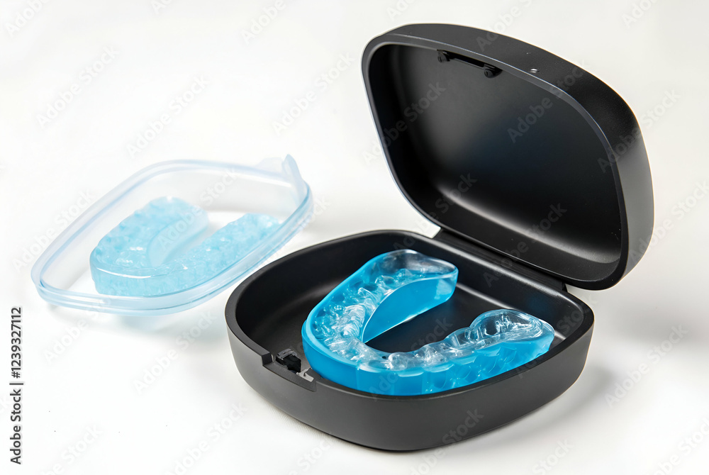 Close Up of Two Light Blue Mouthguards in a Black Case on White Background Close Up of Two Light Blue Mouthguards in a Black Case on White Background