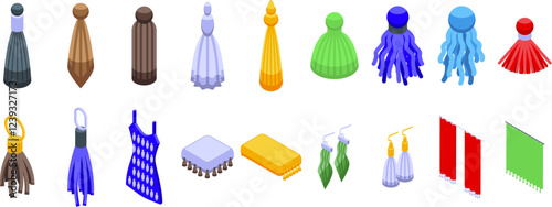 Tassel fringe icons set. Colorful tassels are adding a touch of elegance to various items, from clothing and curtains to keychains and earrings