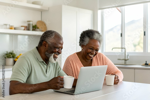 Happy Senior African American Couple Using Laptop In Bright Kitchen