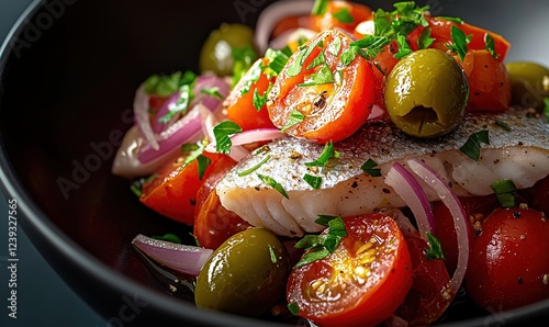 Marinated herring with fresh vegetables served in a stylish bowl