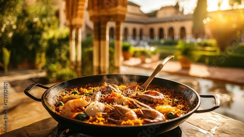 Vibrant paella with seafood in front of Alhambra during golden hour