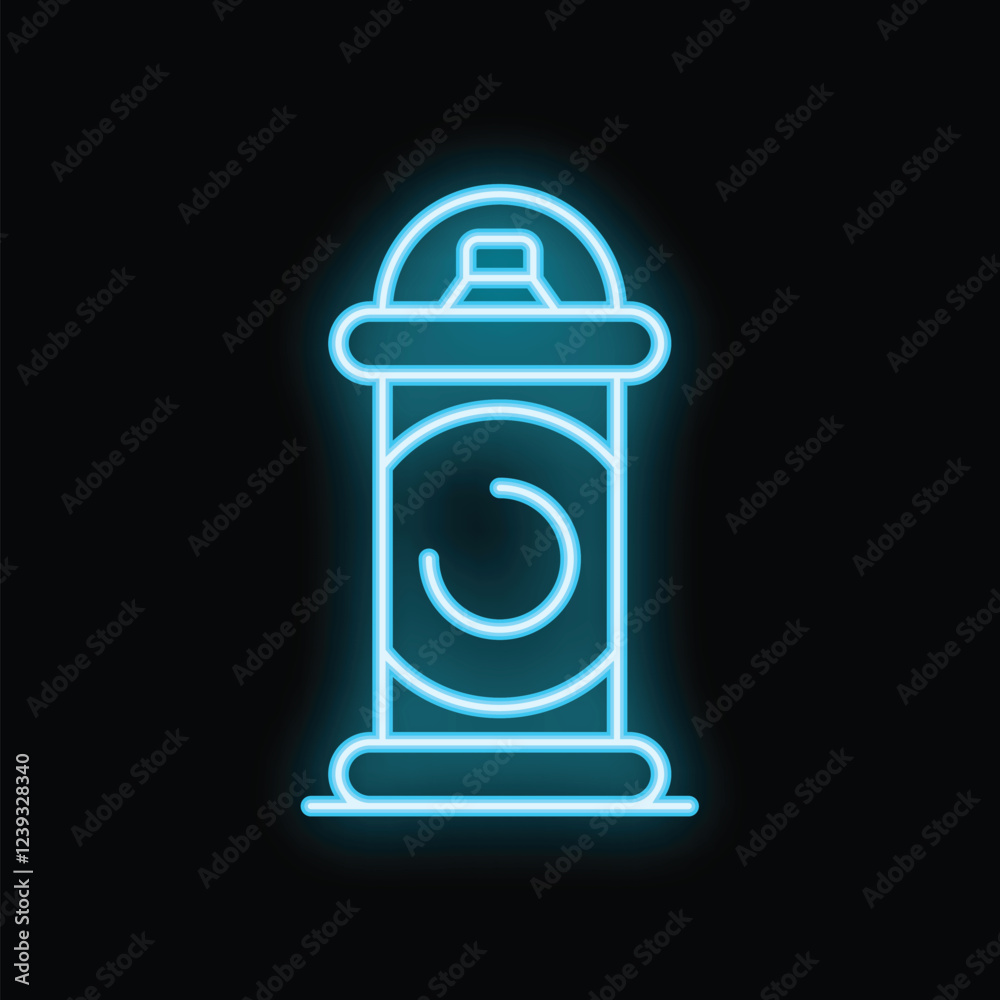 Blue neon sign of spray paint can glowing on black brick wall Blue neon sign of spray paint can glowing on black brick wall